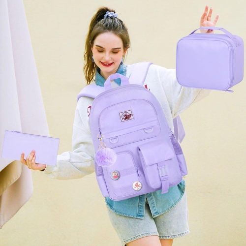 3PCS Laptop Backpack for Girls Women, 15.6 Cute Aesthetic Computer Water Resistant Anti Theft College School Bookbag with Lunch Box for Teens