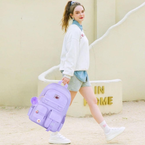 3PCS Laptop Backpack for Girls Women, 15.6 Cute Aesthetic Computer Water Resistant Anti Theft College School Bookbag with Lunch Box for Teens