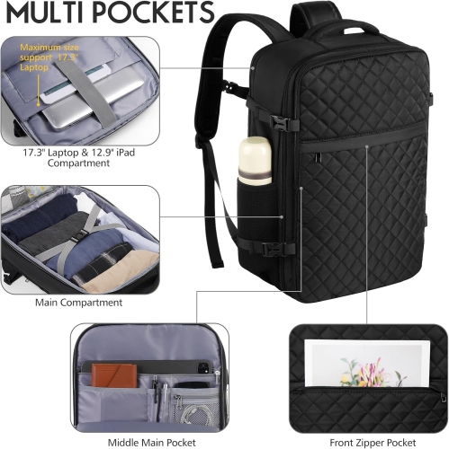 M Large Travel Backpack Women, Flight Approved Carry On Backpack, Water Resistant Anti-Theft Casual Daypack School Bag,17.3 inch,Black Zipper