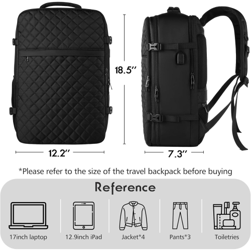 M Large Travel Backpack Women, Flight Approved Carry On Backpack, Water Resistant Anti-Theft Casual Daypack School Bag,17.3 inch,Black Zipper