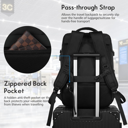 M Large Travel Backpack Women, Flight Approved Carry On Backpack, Water Resistant Anti-Theft Casual Daypack School Bag,17.3 inch,Black Zipper