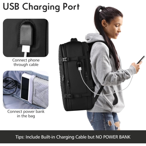 M Large Travel Backpack Women, Flight Approved Carry On Backpack, Water Resistant Anti-Theft Casual Daypack School Bag,17.3 inch,Black Zipper