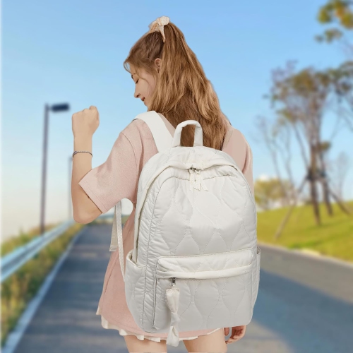 School Backpack Teen Girls Lightweight Bookbags Elementary Middle School College Back Pack Women Laptop Casual Daypacks, Beige Quilted, Large,