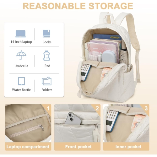 School Backpack Teen Girls Lightweight Bookbags Elementary Middle School College Back Pack Women Laptop Casual Daypacks, Beige Quilted, Large,
