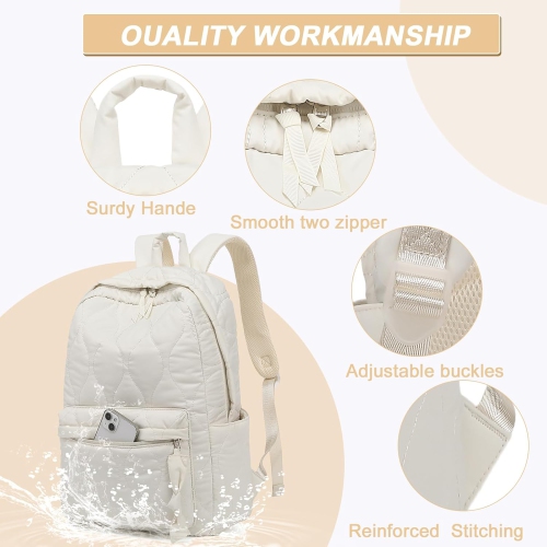 School Backpack Teen Girls Lightweight Bookbags Elementary Middle School College Back Pack Women Laptop Casual Daypacks, Beige Quilted, Large,