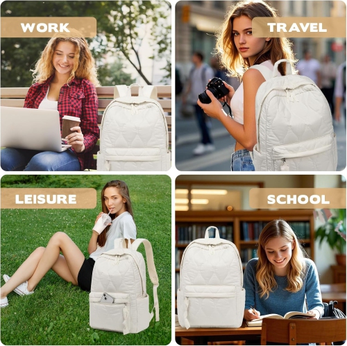 School Backpack Teen Girls Lightweight Bookbags Elementary Middle School College Back Pack Women Laptop Casual Daypacks, Beige Quilted, Large,