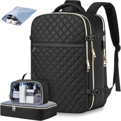 M Large Travel Backpack Women, Flight Approved Carry On Backpack, Water Resistant Anti-Theft Casual Daypack School Bag,18.4 inch,Small Black Sets