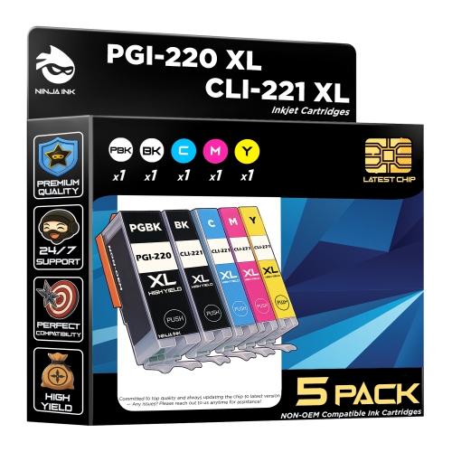 NINJA INK® Compatible with Canon 220 221 Ink cartridges PGI-220 CLI-221 - MX870 MX860 MP540 MP560 MP620 MP640 MP980 MP990 PIXMA IP3600PIXMA