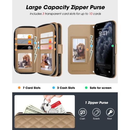 Étui portefeuille pour iPhone 17 Pro, porte-carte anti-RFID pour femmes et hommes mode cuir PU, fermeture magnétique, fermeture à glissière, étui