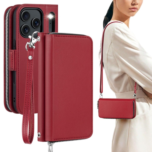 Étui Pour IPhone 12 Mini - Poche Zippée Avec Bandoulière - 6 Porte-cartes - Portefeuille à Fermeture éclair - Résistant Aux Chocs - En Cuir Synthétique - Fermeture Magnétique - Rouge