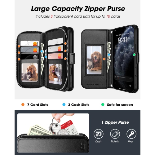 iPhone 17 Pro Case Wallet, RFID Blocking Card Holder for Women and Men Fashion PU Leather Magnetic Snap Flip Zipper Phone Case with Shoulder Wrist