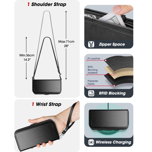 iPhone 17 Pro Case Wallet, RFID Blocking Card Holder for Women and Men Fashion PU Leather Magnetic Snap Flip Zipper Phone Case with Shoulder Wrist