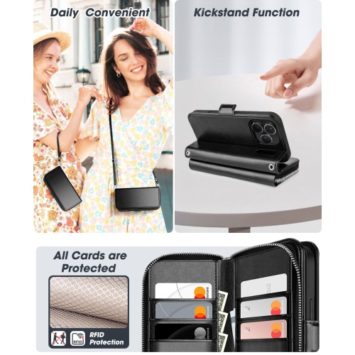 iPhone 17 Pro Case Wallet, RFID Blocking Card Holder for Women and Men Fashion PU Leather Magnetic Snap Flip Zipper Phone Case with Shoulder Wrist