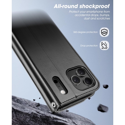 iPhone 17 Pro Case Wallet, RFID Blocking Card Holder for Women and Men Fashion PU Leather Magnetic Snap Flip Zipper Phone Case with Shoulder Wrist