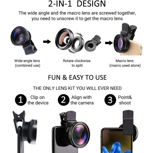 Edgestation Phone Camera Lens Set - 0.45X Wide Angle and 12.5X Macro Lens, 2 in 1 Clip-On for Most Smartphones