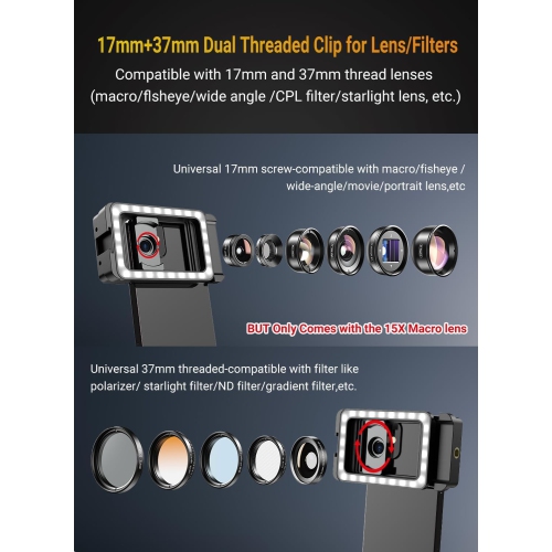 APEXEL 15X Macro Lens for iPhone with LED Fill Light, Samsung, Android Phone, with Universal Lens Clip Attachment