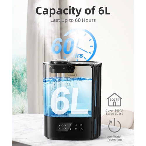 6L Humidifiers for Bedroom Large Room, Ultrasonic Top Fill Cool Mist Humidifiers & Essential Oil Diffuser for Baby, Nursery, Plants, Last up to 60