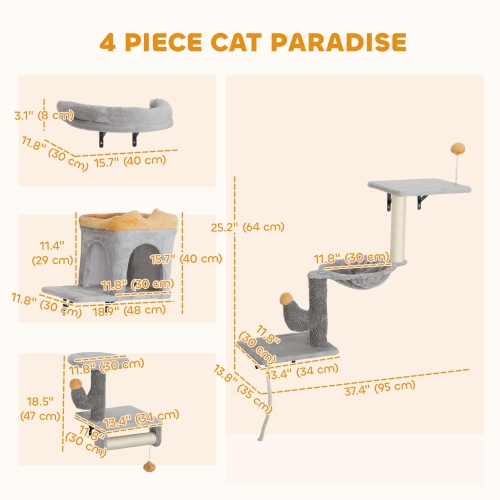 PawHut Cat Wall Shelves, 4 Pcs Cat Wall Furniture Set, Kitty Climber Set with Condo, Scratching Posts, Hammock, Bed, Hanging Pompoms for indoor