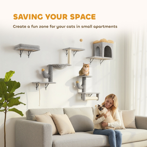 PawHut Cat Wall Shelves, 4 Pcs Cat Wall Furniture Set, Kitty Climber Set with Condo, Scratching Posts, Hammock, Bed, Hanging Pompoms for indoor