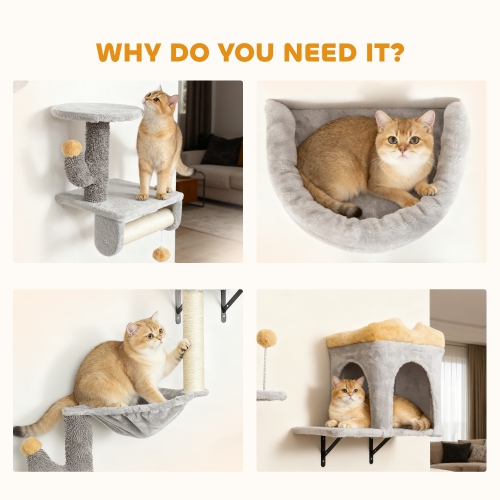 PawHut Cat Wall Shelves, 4 Pcs Cat Wall Furniture Set, Kitty Climber Set with Condo, Scratching Posts, Hammock, Bed, Hanging Pompoms for indoor