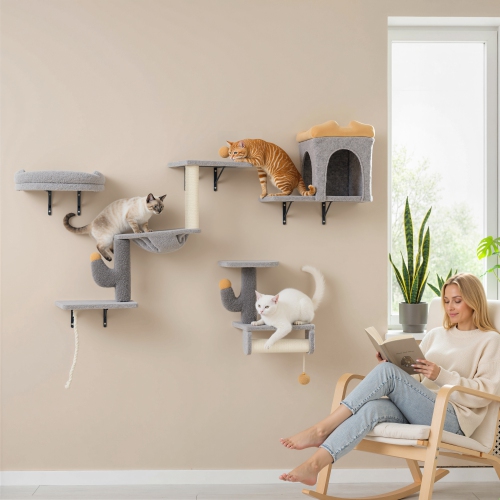 PawHut Cat Wall Shelves, 4 Pcs Cat Wall Furniture Set, Kitty Climber Set with Condo, Scratching Posts, Hammock, Bed, Hanging Pompoms for indoor