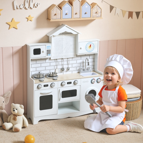 Qaba Play Kitchen for Kids, Pretend Kids Kitchen Playset with Switch Knob Sound, Built-in Clock, Washing Machine, Microwave and Towel Rack, for