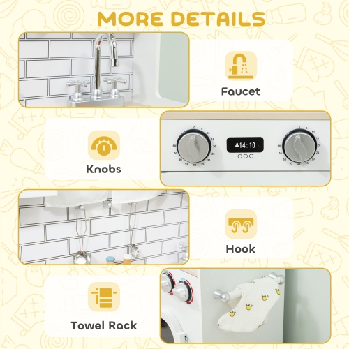 Qaba Play Kitchen for Kids, Pretend Kids Kitchen Playset with Switch Knob Sound, Built-in Clock, Washing Machine, Microwave and Towel Rack, for