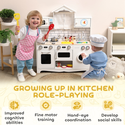 Qaba Play Kitchen for Kids, Pretend Kids Kitchen Playset with Switch Knob Sound, Built-in Clock, Washing Machine, Microwave and Towel Rack, for