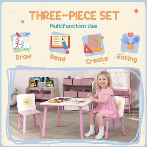 Qaba 3-Piece Kids Table and Chair Set, Toddler Table and Chair Set with Star Pattern for Boys and Girls Aged 3-8, Bedroom, Nursery, Playroom, Pink