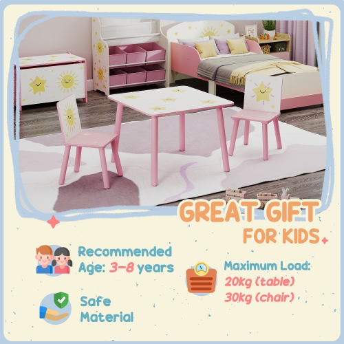 Qaba 3-Piece Kids Table and Chair Set, Toddler Table and Chair Set with Star Pattern for Boys and Girls Aged 3-8, Bedroom, Nursery, Playroom, Pink