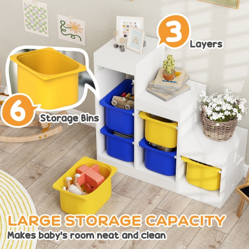 Qaba Toy Storage Organizer with 6 Plastic Bins, 3 Layers Children Toy Storage with Anti-tipping Design, for Ages 3–8 Years, Study Room, Playroom,