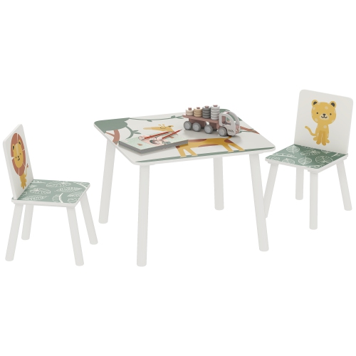 Qaba 3-Piece Kids Table and Chair Set, Toddler Table and Chair Set with Animal Pattern for Boys and Girls Aged 3-8, Bedroom, Nursery, Playroom, Green