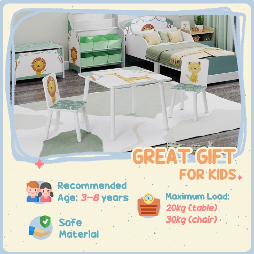 Qaba 3-Piece Kids Table and Chair Set, Toddler Table and Chair Set with Animal Pattern for Boys and Girls Aged 3-8, Bedroom, Nursery, Playroom, Green