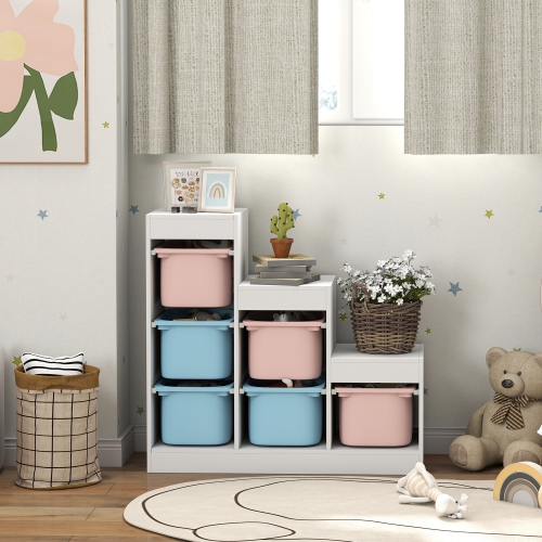 Qaba Toy Storage Organizer with 6 Plastic Bins, 3 Layers Children Toy Storage with Anti-tipping Design, for Ages 3–8 Years, Study Room, Playroom,