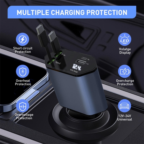 Chargeur de voiture rétractable 88&nbsp;W, chargeur de téléphone de voiture rapide 4-en-1 avec 2.5&nbsp;pi Deux câbles rétractables