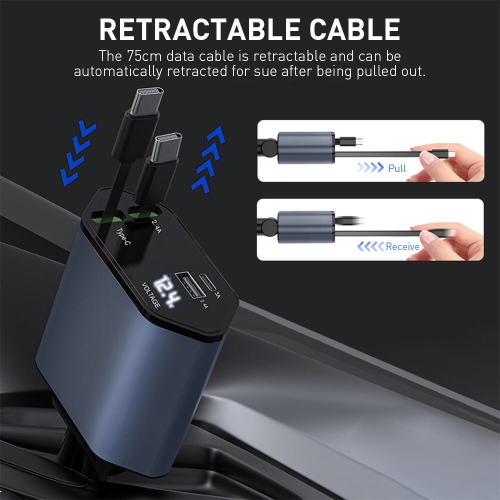 Chargeur de voiture rétractable 88&nbsp;W, chargeur de téléphone de voiture rapide 4-en-1 avec 2.5&nbsp;pi Deux câbles rétractables
