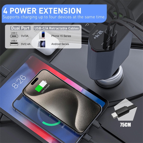 Chargeur de voiture rétractable 88&nbsp;W, chargeur de téléphone de voiture rapide 4-en-1 avec 2.5&nbsp;pi Deux câbles rétractables