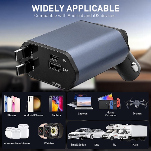 Chargeur de voiture rétractable 88&nbsp;W, chargeur de téléphone de voiture rapide 4-en-1 avec 2.5&nbsp;pi Deux câbles rétractables
