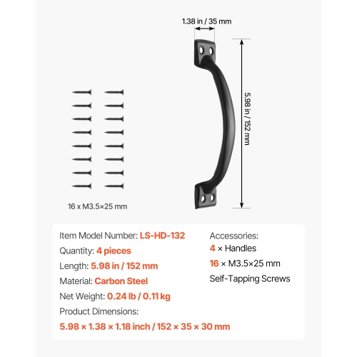 VEVOR 4Pcs 6.5 in Barn Door Handle,Rustic Fence Gate Handle, Rust-Resistant Coating, Heavy Duty Carbon Steel Outdoor Gate Handles, Easy to Install,