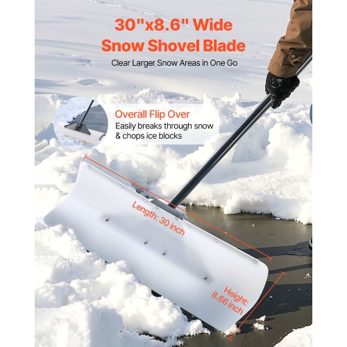 VEVOR 30 in Snow Pusher Shovel,Outdoor Snowplow Shovel with Ergonomic Grip, HDPE Plastic Blade, Winter Shovels with Segmented Handle, Metal Edged