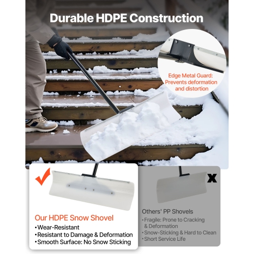 VEVOR 30 in Snow Pusher Shovel,Outdoor Snowplow Shovel with Ergonomic Grip, HDPE Plastic Blade, Winter Shovels with Segmented Handle, Metal Edged