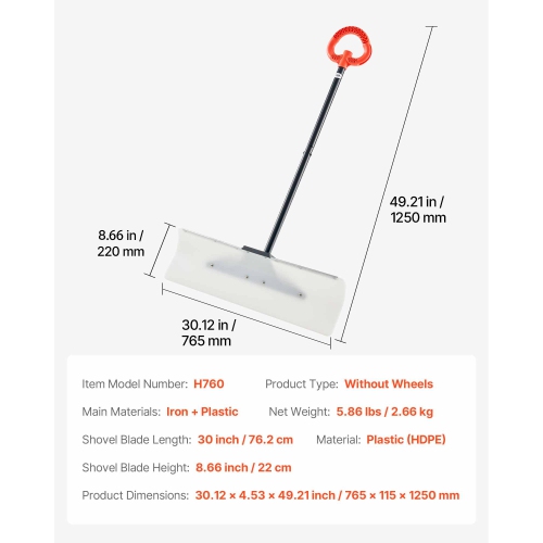 VEVOR 30 in Snow Pusher Shovel,Outdoor Snowplow Shovel with Ergonomic Grip, HDPE Plastic Blade, Winter Shovels with Segmented Handle, Metal Edged