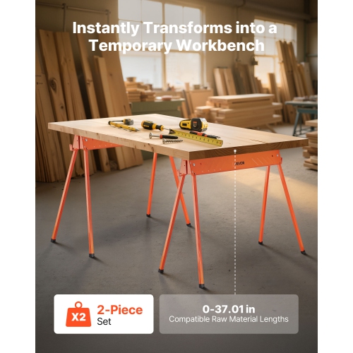 VEVOR 2 Pack Saw Horses, Folding Work Horses, 660 lbs Load Capacity Sawhorse with Heavy Duty Legs, All-Metal Portable Saw Horse with Non-Slip Foot