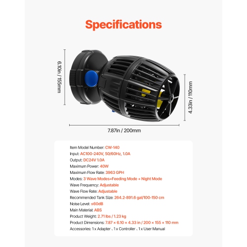 VEVOR 40W, 3963 GPH Aquarium Wave Maker,Quiet and Strong DC Powerhead, Adjustable Fish Tank Circulation Pump with Controller, Strong Magnetic Base,