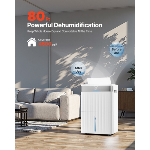 VEVOR 80 Pints Dehumidifier for Home & Basement, Drain Hose for Commercial & Industrial Use, Smart Humidity Control, Low Noise for Large Rooms,