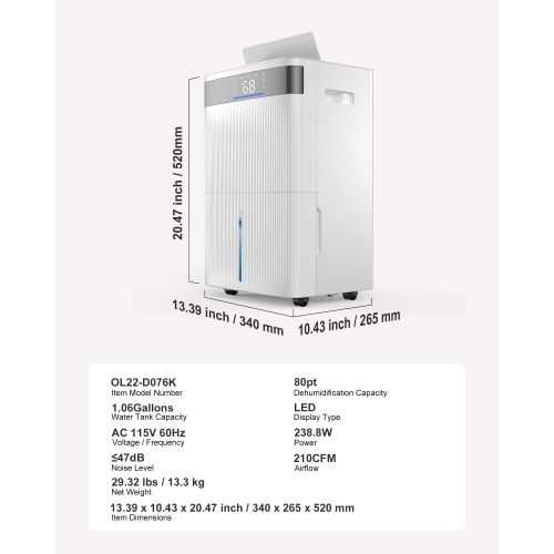VEVOR 80 Pints Dehumidifier for Home & Basement, Drain Hose for Commercial & Industrial Use, Smart Humidity Control, Low Noise for Large Rooms,