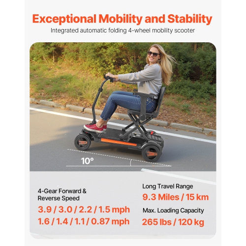 VEVOR 265LBS 4-Wheel Electric Mobility Scooter for Adults & Seniors, Integrated Automatic Folding Mobility Scooter with Remote Control, NFC Keys &