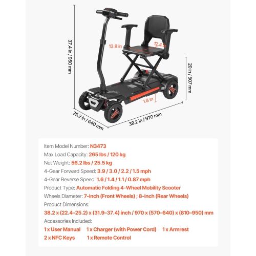 VEVOR 265LBS 4-Wheel Electric Mobility Scooter for Adults & Seniors, Integrated Automatic Folding Mobility Scooter with Remote Control, NFC Keys &