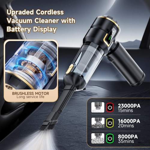 NIERBO Car Vacuum Cleaner Cordless with Battery Display, 23000PA Mini Handheld, 4-in-1 Compressed Air Duster & Air Blower & Pump with Brushless Motor