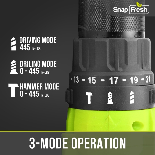 Perceuse à percussion sans fil SnapFresh 20 V, couple de 445 po, 2 vitesses, mandrin à changement rapide 1/2 po, batterie 2,0 Ah et